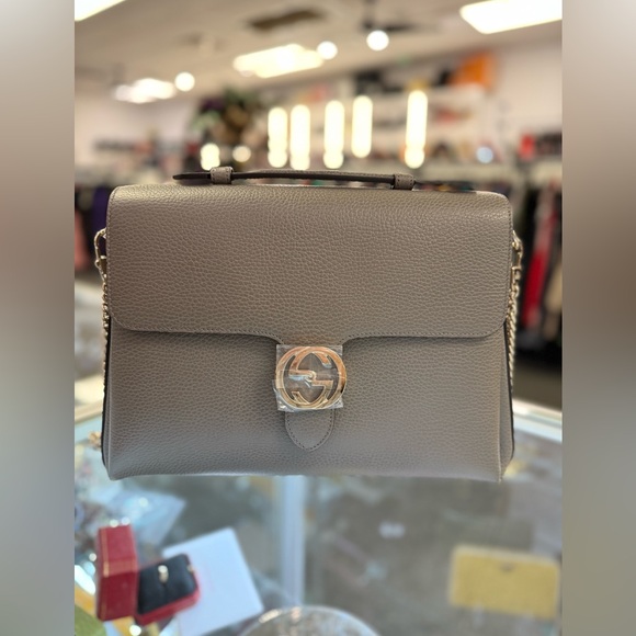 Pre Owned Gucci Leather Grey w/ Top Handle & Dustbag Designer Bag